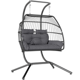 Outsunny Rattan Double Hanging Egg Chair with Stand and Cushion – Foldable Garden Swing Seat, Dark Grey