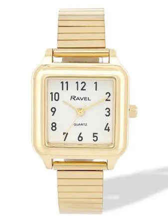 Ravel Ladies Easy Read Square White Dial Watch with Gold-Tone Stainless Steel Expander Bracelet, 28mm