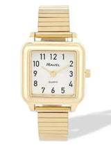 Ravel Ladies Easy Read Square White Dial Watch with Gold-Tone Stainless Steel Expander Bracelet, 28mm