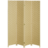 4-Panel Folding Room Divider, Wave Fibre Woven Wicker Effect Privacy Screen with Wood Frame, Brown