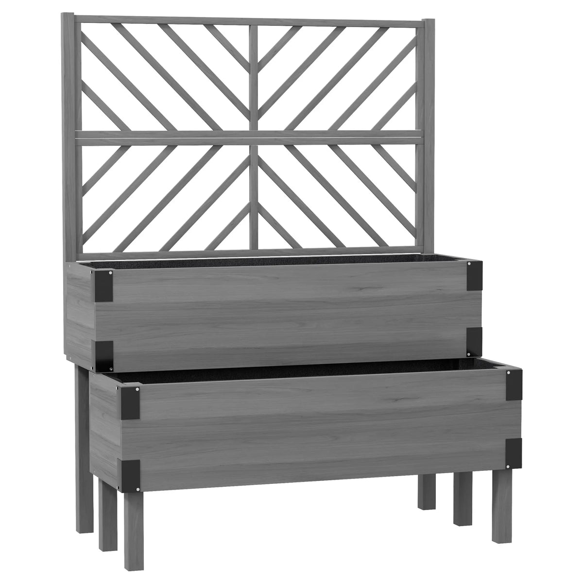 Outsunny 2-Tier Wooden Raised Garden Bed with Trellis – Elevated Planter for Vegetables and Herbs, Grey
