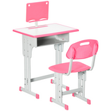 HOMCOM Kids Desk and Chair Set with Drawer, Book Stand & Cup Holder – Height Adjustable Study Table, Pink
