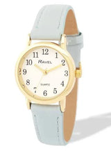 Ravel Ladies Gold-Tone Watch with White Dial and Light Blue Faux Leather Strap, Small Case