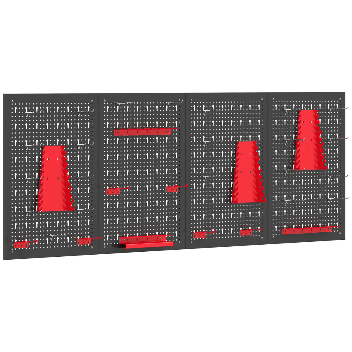 HOMCOM 38-Piece Wall-Mounted Pegboard Set with 4 Steel Boards – Garage Tool Storage Organiser, Black and Red