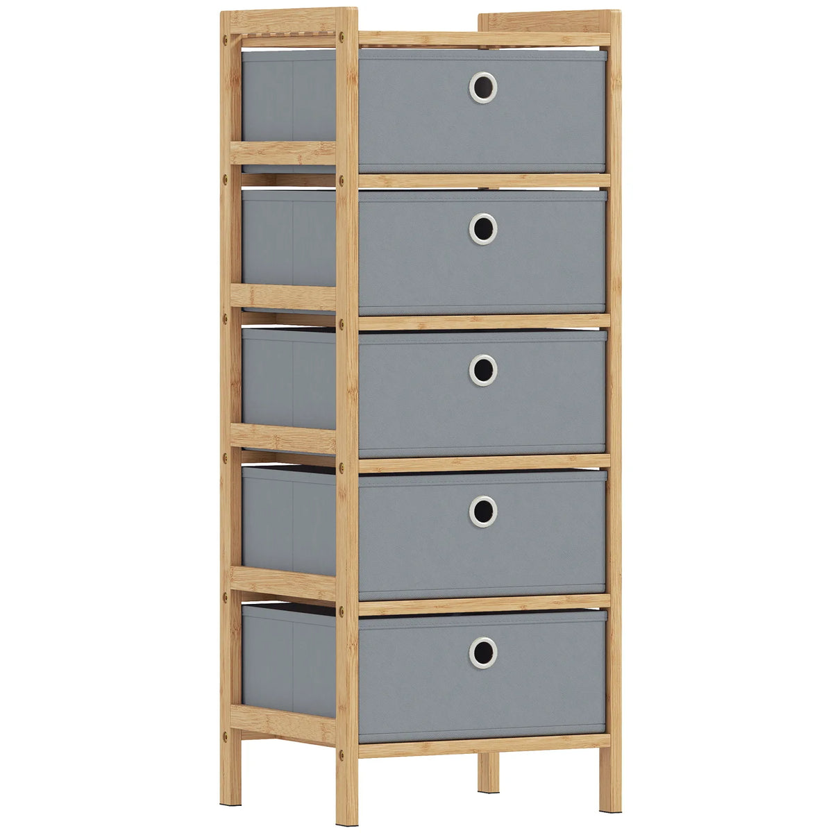 HOMCOM 5-Drawer Narrow Chest of Drawers with Fabric Drawers & Bamboo Frame – Slim Storage, Light Grey