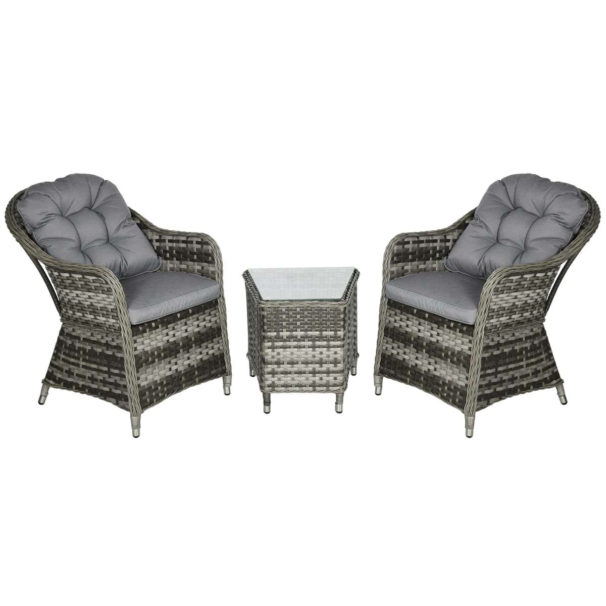 Outsunny 3-Piece Aluminium Rattan Bistro Set with Cushions & Tempered Glass-Top Table – Garden & Balcony Seating
