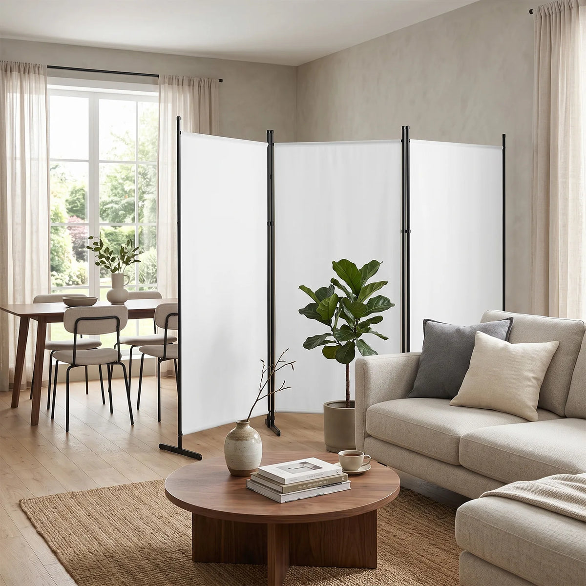 3-Panel Folding Room Divider Screen, 6ft Polyester Fabric, Carbon Steel Frame – Privacy Partition, Off-White