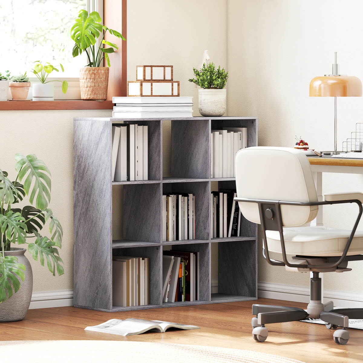 9-Cube Bookcase with Open Compartments & Anti-Tip Kit – Storage Display Shelf Unit, Marble Grey