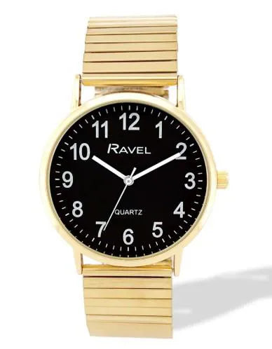 Ravel Men's Everyday Black Dial Watch with Gold-Tone Stainless Steel Expander Bracelet, 36mm
