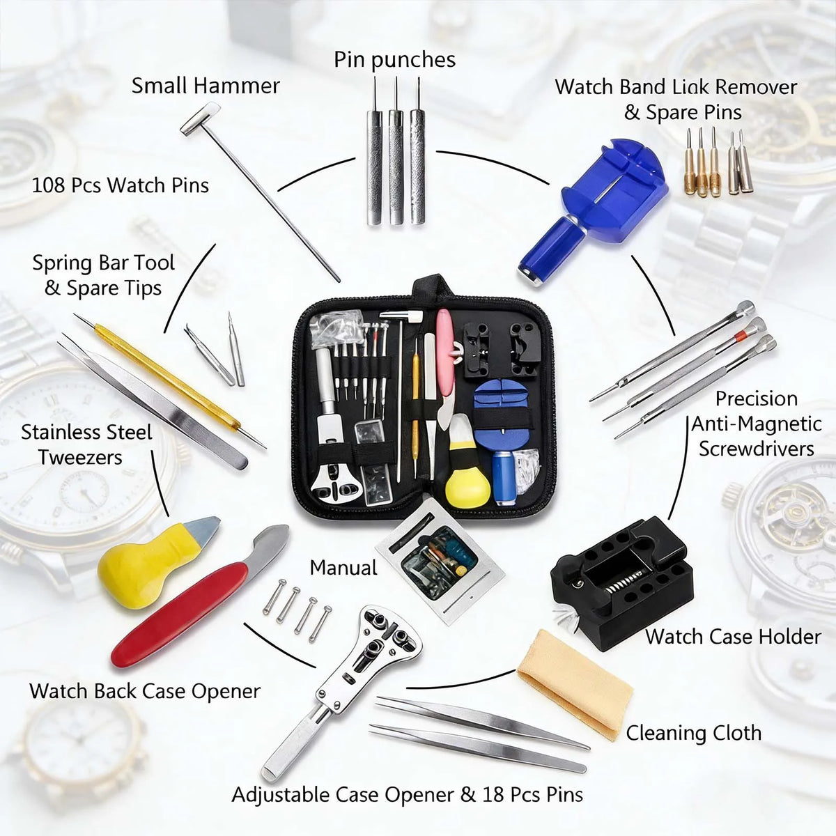 147 Piece Watch Repair Tool Kit with Case Opener, Spring Bar Tools & Tweezers – Watchmaker Set in Nylon Case