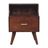 Artisan Furniture Solid Wood T-Bar Raised Back Bedside Table with 1 Drawer & Open Slot – Dark Brown