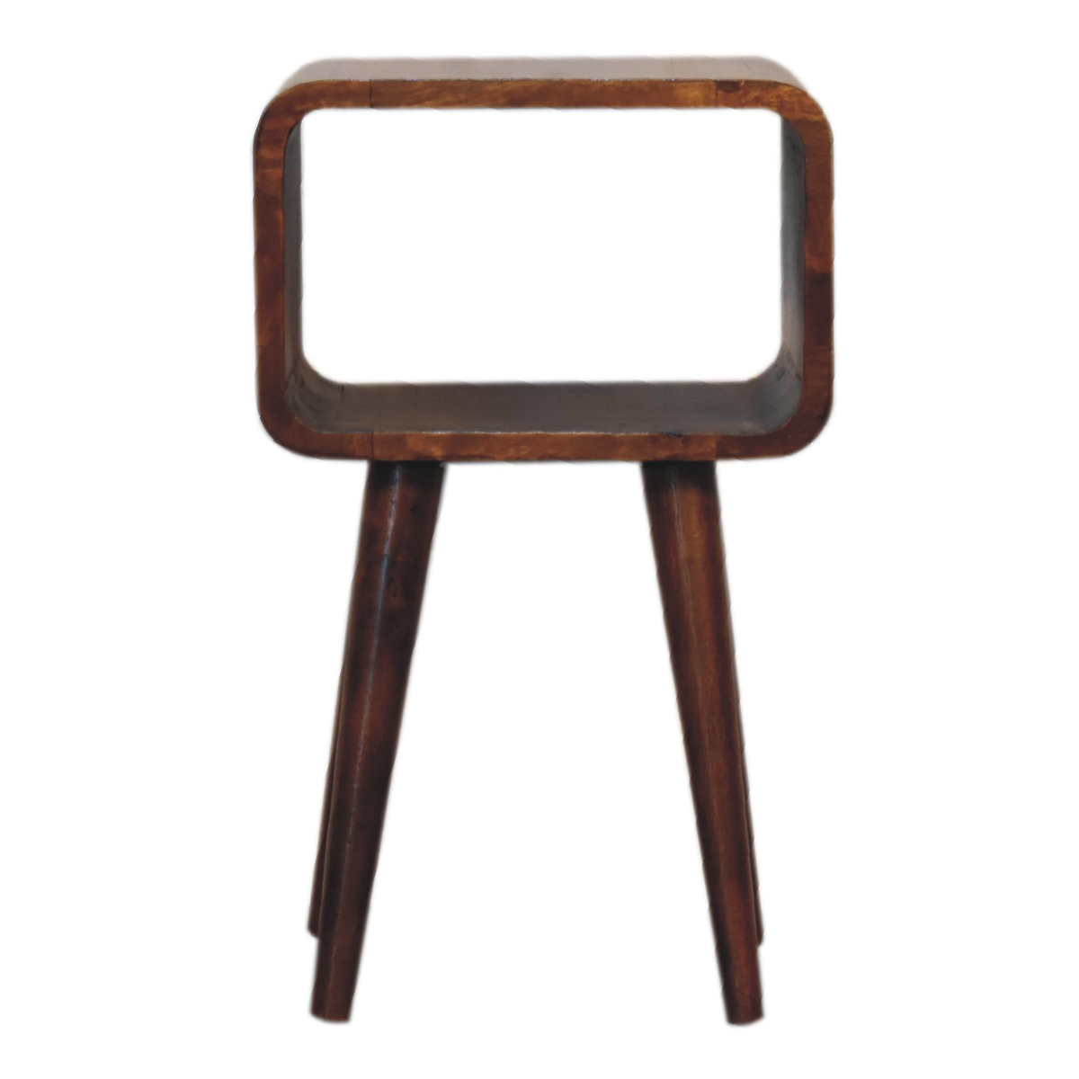 Artisan Furniture Mini Curved Bedside Table with Open Shelf – Solid Mango Wood, Chestnut Brown