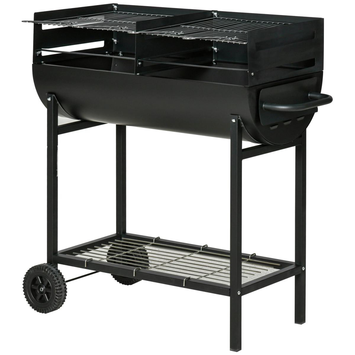 Outsunny 2-Grill Charcoal BBQ with Wheels, Adjustable Height and Mesh Shelf – Steel Backyard Barbecue, Black
