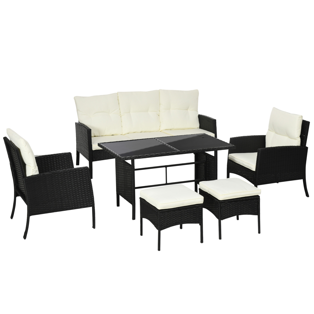 Outsunny 6-Piece Rattan Garden Sofa Set with 2 Armchairs, 2 Footstools & Glass-Top Table – Padded Cushions, White