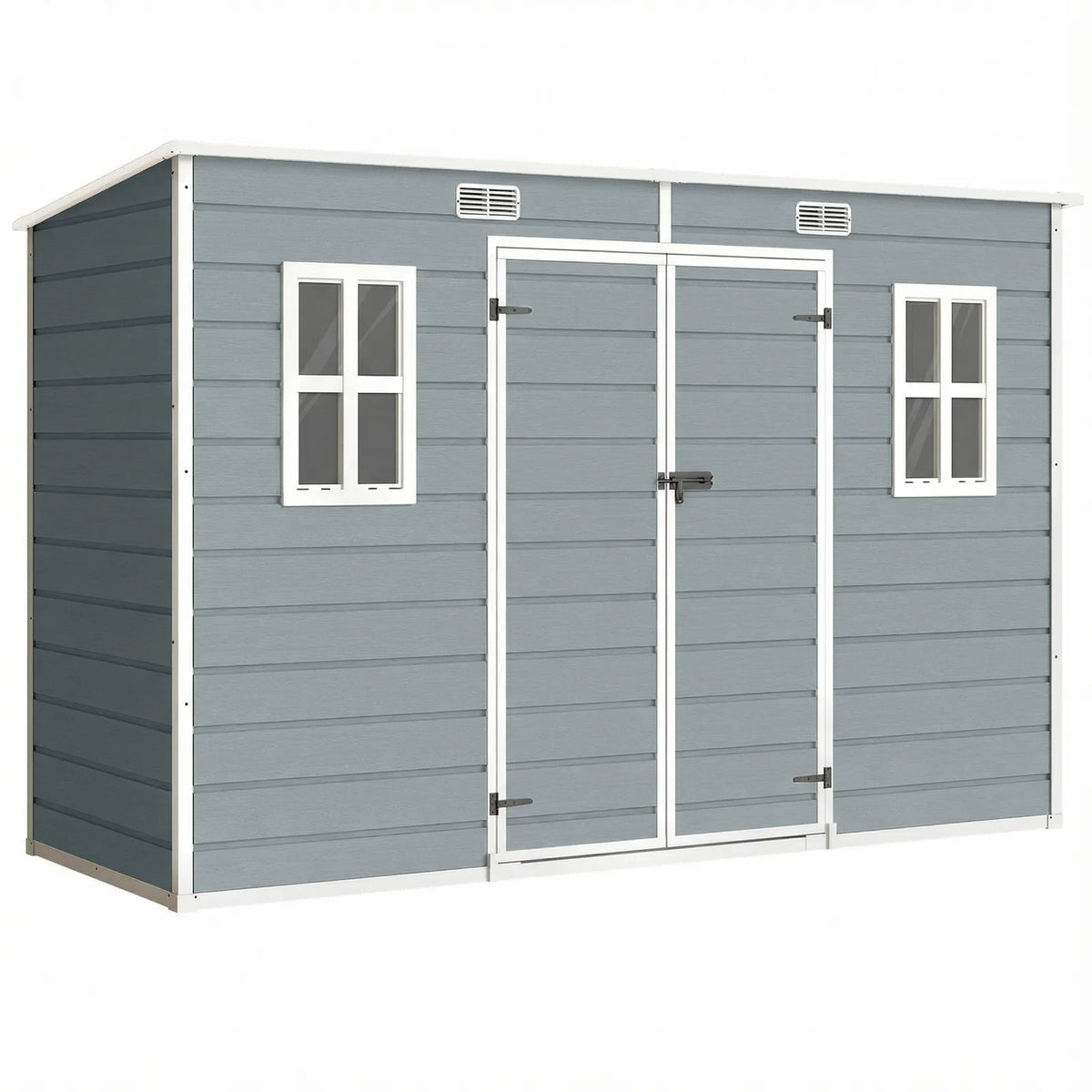 Outsunny 10 x 4ft Resin Garden Shed with Floor, Windows & Lockable Double Doors – Outdoor Storage, Grey