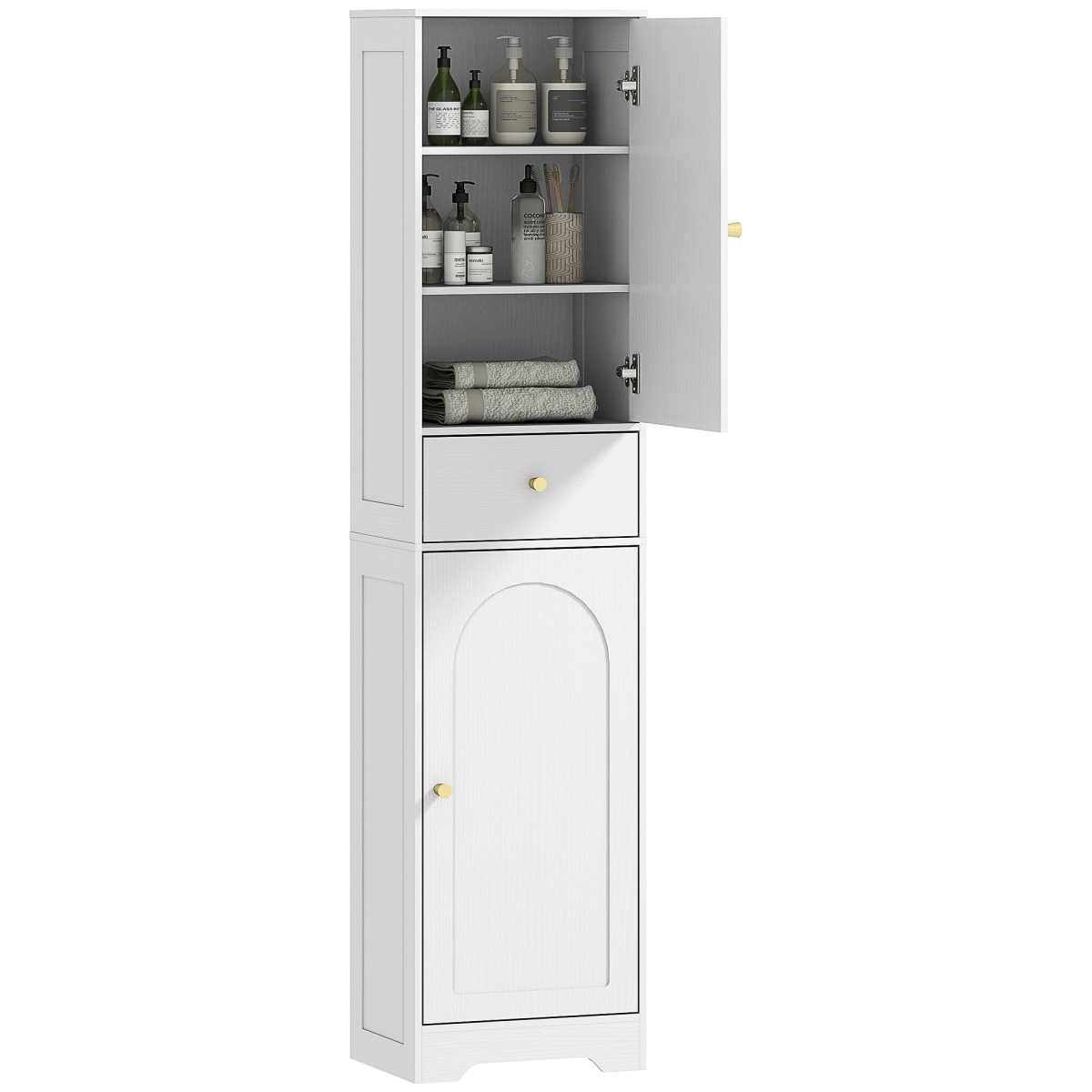 HOMCOM Tall Bathroom Storage Cabinet with Arched Doors, Drawer & Adjustable Shelf – Slim Design, White
