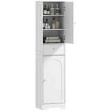HOMCOM Tall Bathroom Storage Cabinet with Arched Doors, Drawer & Adjustable Shelf – Slim Design, White