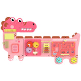 AIYAPLAY Wall-Mounted Montessori Busy Board with Xylophone – Dinosaur Toddler Learning Centre, Pink