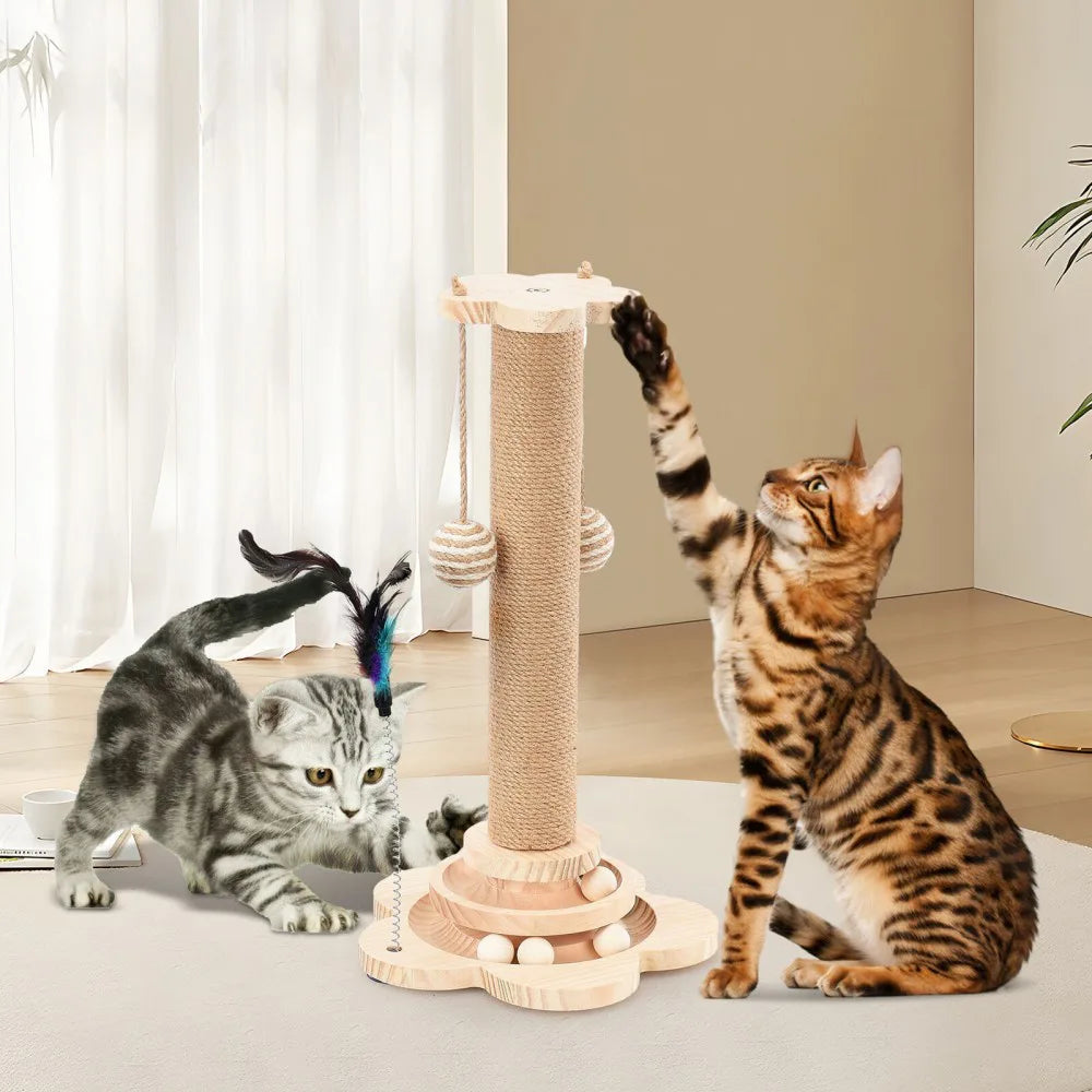 Cat Scratching Post Toy with Ball Track & Spinning Disc – Solid Wood and Sisal Activity Centre