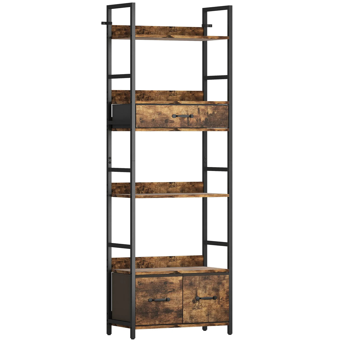 HOMCOM Industrial Bookcase with 4 Open Shelves & 3 Fabric Drawers – Slim 176cm Storage Shelf, Brown/Black