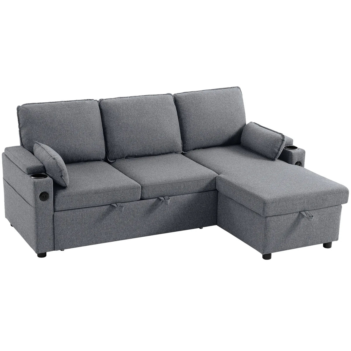 HOMCOM Corner Sofa Bed with Reversible Storage Chaise, Pocket Springs and USB Charging – L Shaped, Grey