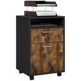 HOMCOM 60cm Mobile Storage Cabinet with Drawers, Open Shelf and Lockable Wheels – Home Office, Rustic Brown