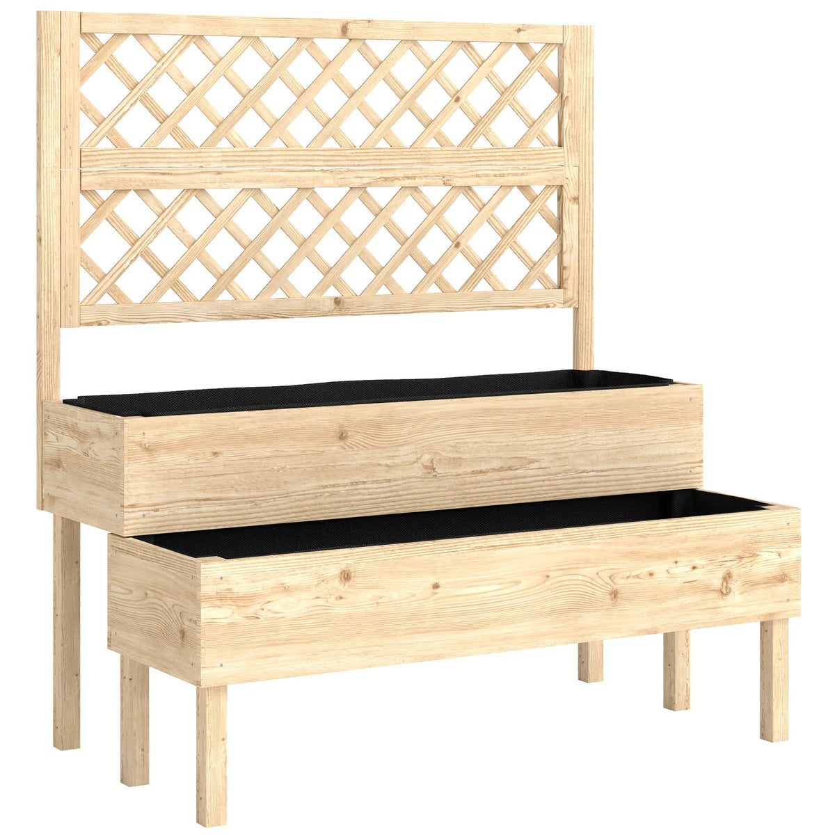 Outsunny 2-Tier Raised Garden Bed with Trellis for Climbing Plants – Stepped Wooden Planter, 108 x 62 x 120cm