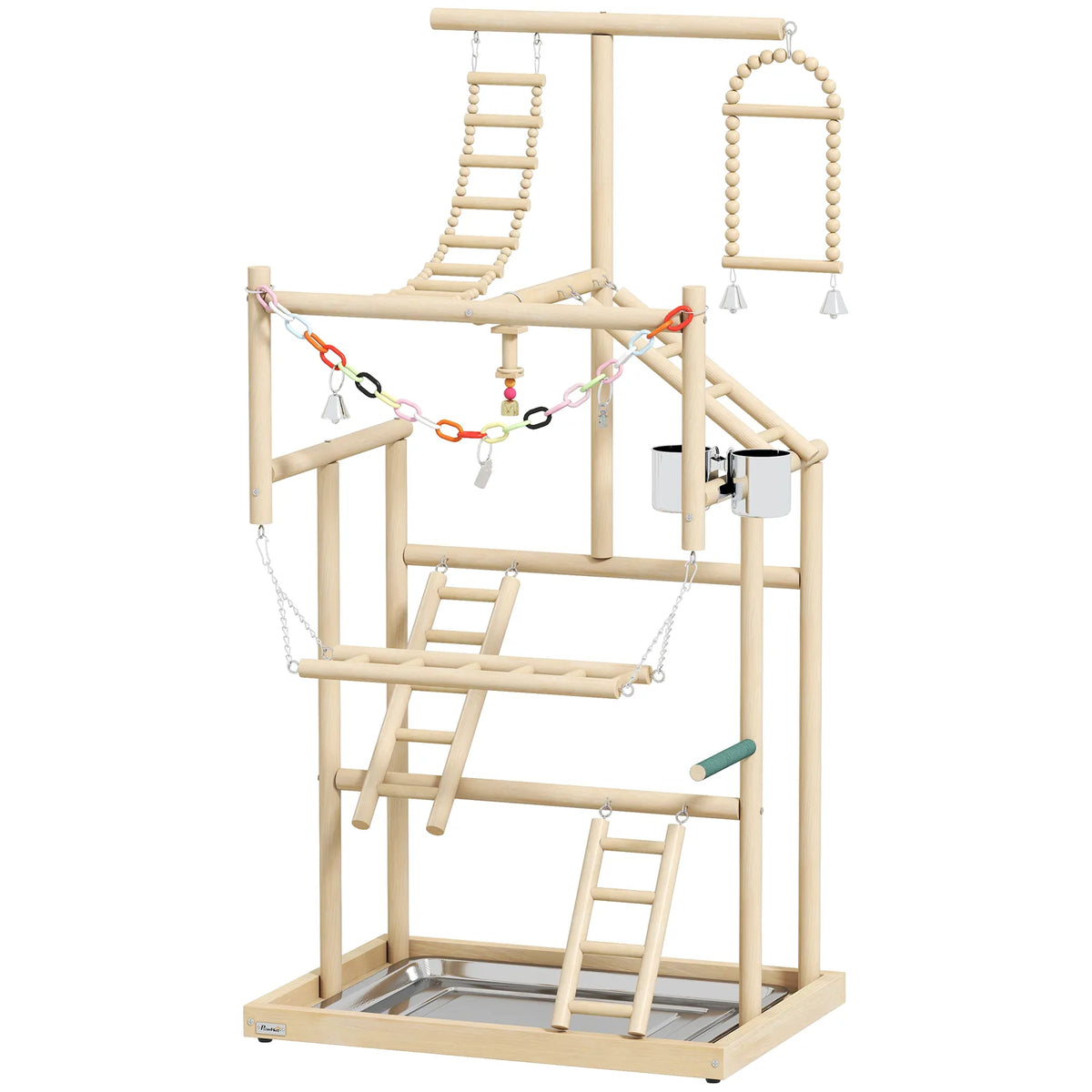 PawHut 95 cm Wooden Bird Playground with Ladders, Chain Toy and Steel Tray – Parrot Play Stand, Natural