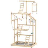 PawHut 95 cm Wooden Bird Playground with Ladders, Chain Toy and Steel Tray – Parrot Play Stand, Natural
