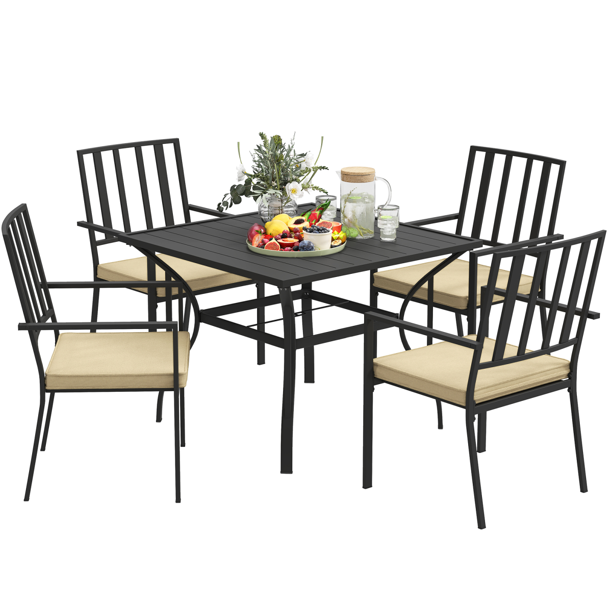Outsunny Outdoor Dining Set with 4 Stackable Cushioned Armchairs & Metal Table, 50mm Umbrella Hole – Black/Beige