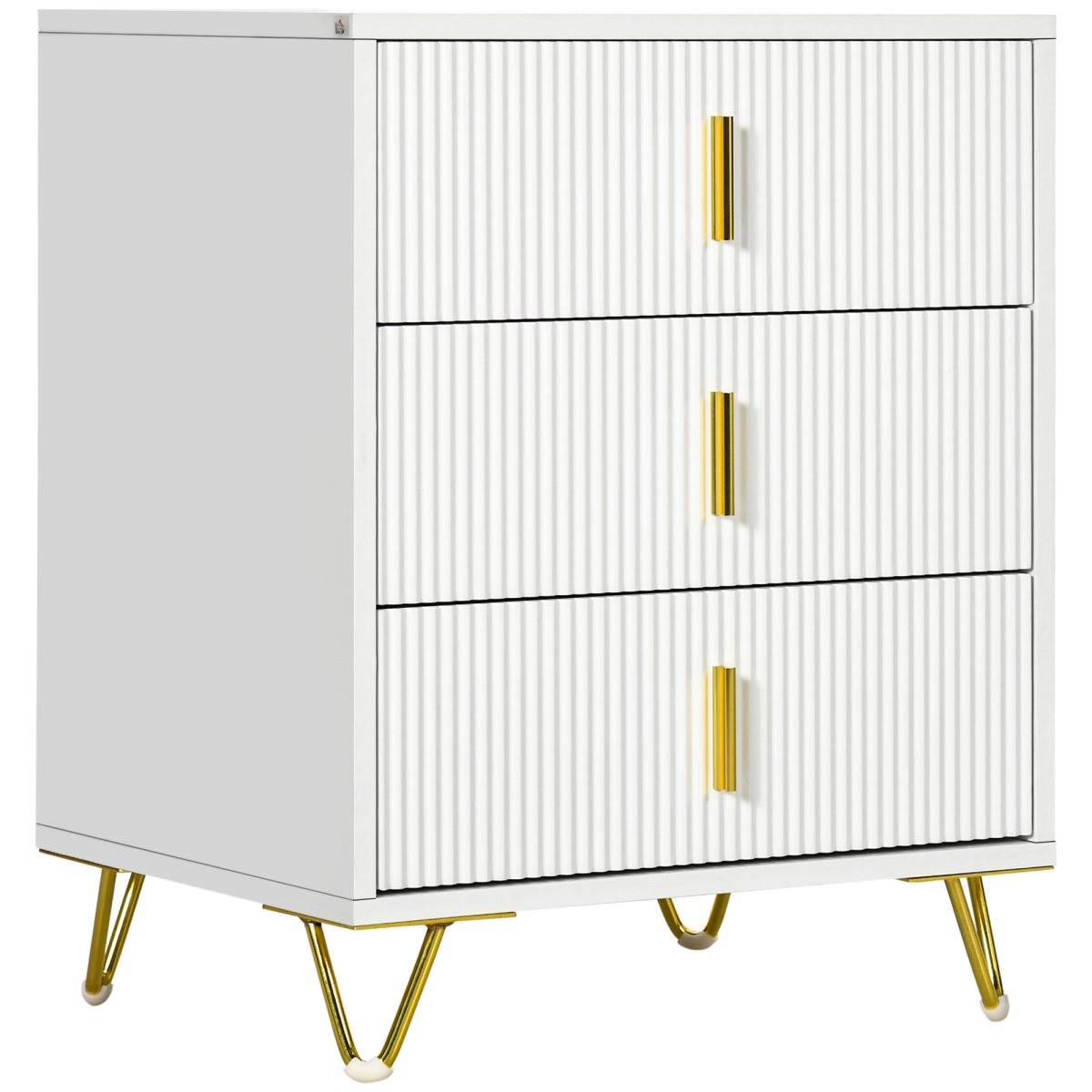 HOMCOM 3 Drawer Chest of Drawers with Ridged Front and Gold Accents – Bedroom Storage Cabinet, White