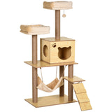 PawHut 130cm Plush Cat Tree with Five Scratching Posts, Two Perches, Cat House & Hammock