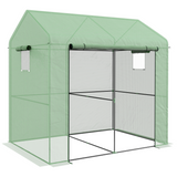 Outsunny 200x140x200cm Walk-In Greenhouse with Roll-Up Door & Mesh Windows – Two-Room Steel Frame Polytunnel, Green