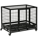Pawhut Heavy Duty Metal Dog Cage with Wheels, Crate Tray and Two Doors – Rust-Resistant Kennel, Black