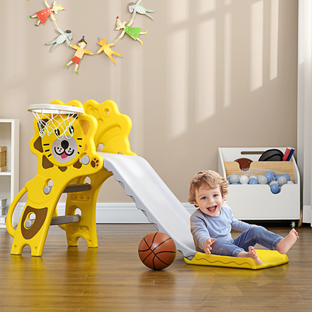 Kids 3-in-1 Slide with Climber & Basketball Hoop – Indoor Toddler Play Slide for 18-36 Months, Yellow & Grey