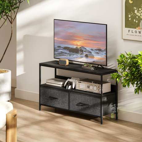 Industrial TV stand with fabric drawers