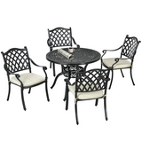 Outsunny 4 Seater Cast Aluminium Dining Set with Round Table, 50mm Parasol Hole & Cushions – Garden Patio, Black & Cream