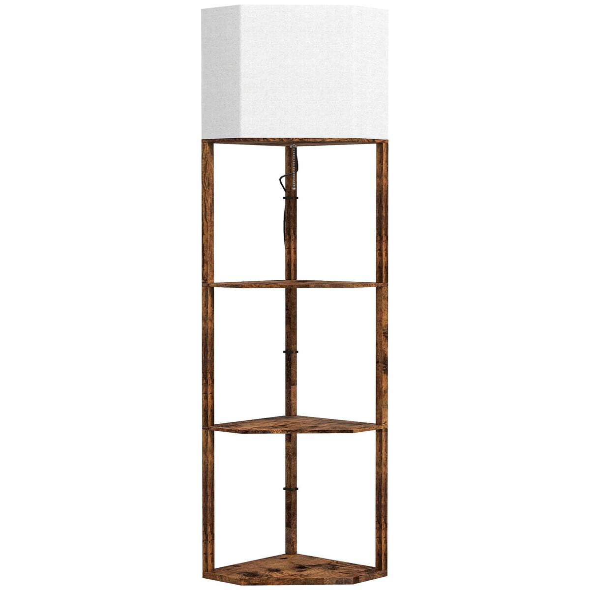HOMCOM Corner Floor Lamp with 3 Storage Shelves & Pull Chain Switch – Tall Standing Lamp, Rustic Brown