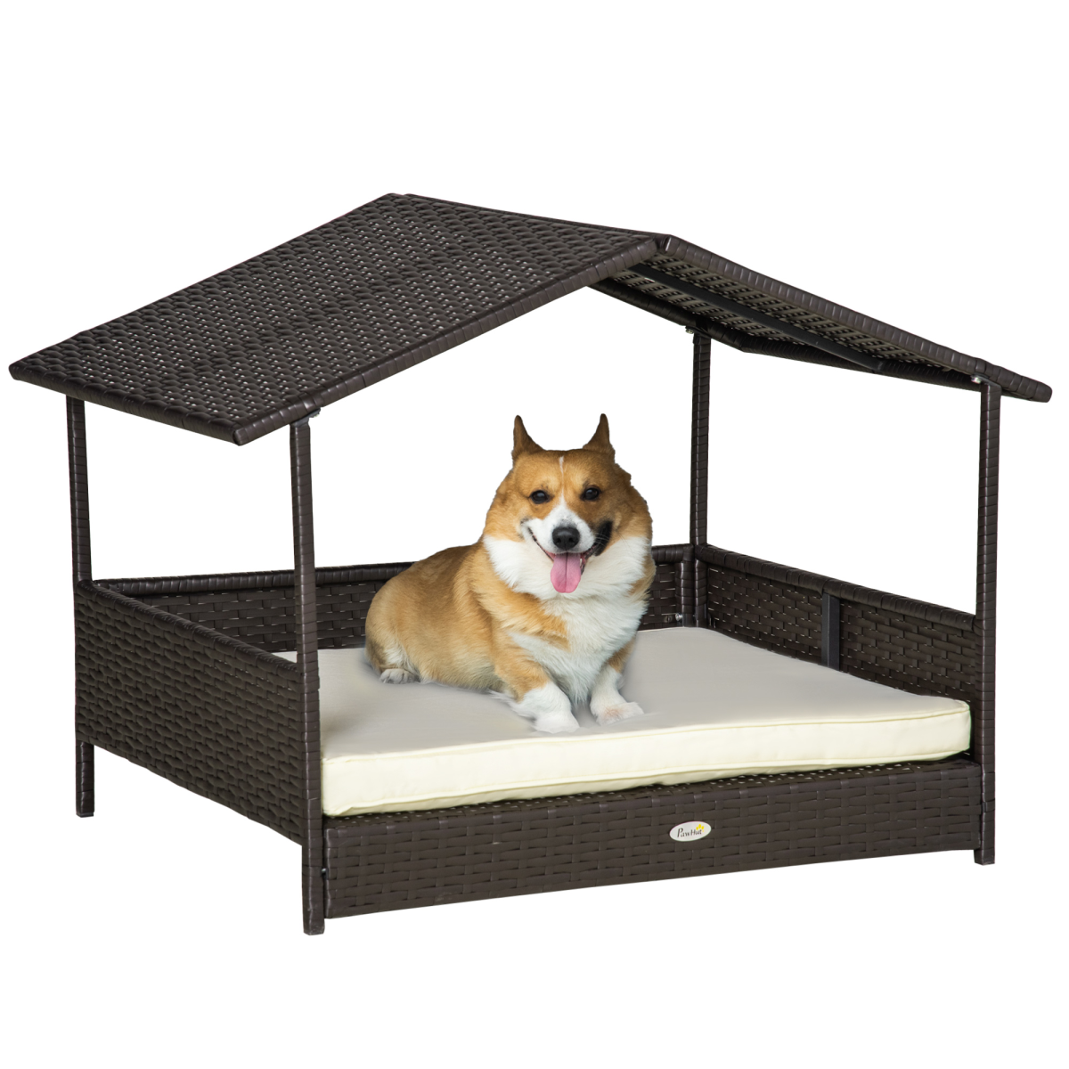 PawHut Wicker Dog House with Soft Cushion – Raised Rattan Pet Bed & Cat Basket for Small and Medium Dogs, Cream