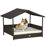 PawHut Wicker Dog House with Soft Cushion – Raised Rattan Pet Bed & Cat Basket for Small and Medium Dogs, Cream