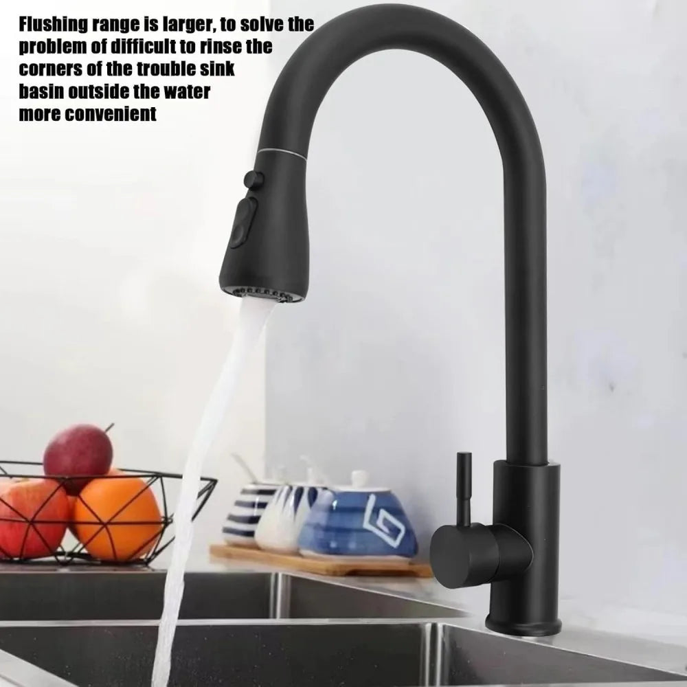 Modern Black Kitchen Sink Mixer Tap with Pull-Out Spray, 360-Degree Swivel and Single Lever – Brass Mono Tap