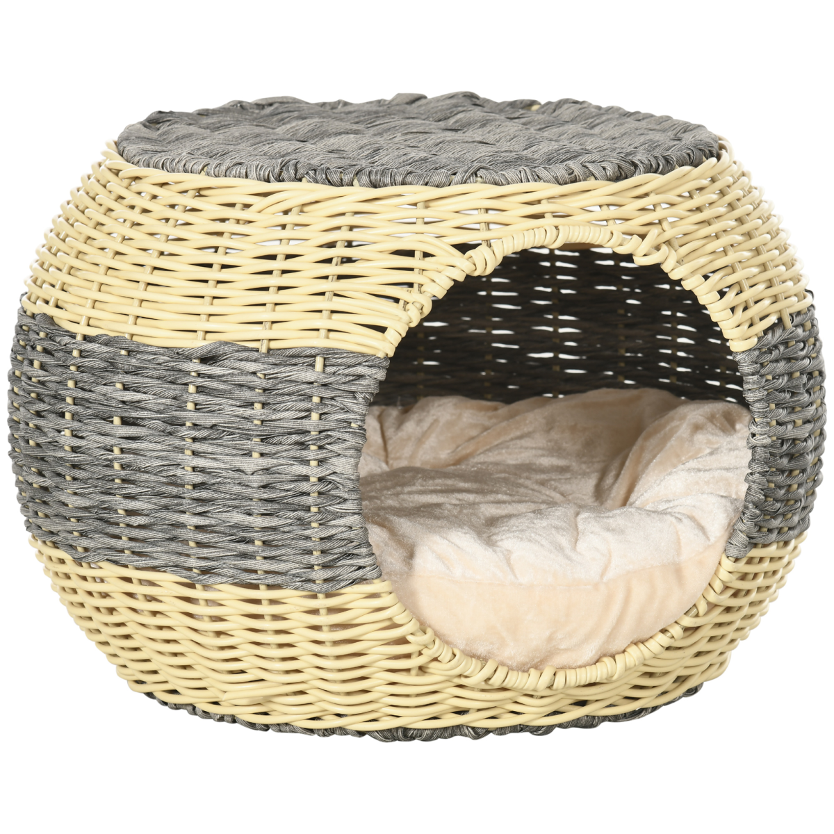 PawHut Wicker Cat House with Soft Cushion, PE Rattan Raised Cat Bed – Enclosed Pet Cave, 40 x 30cm