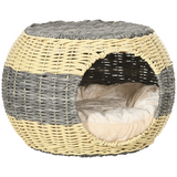 PawHut Wicker Cat House with Soft Cushion, PE Rattan Raised Cat Bed – Enclosed Pet Cave, 40 x 30cm