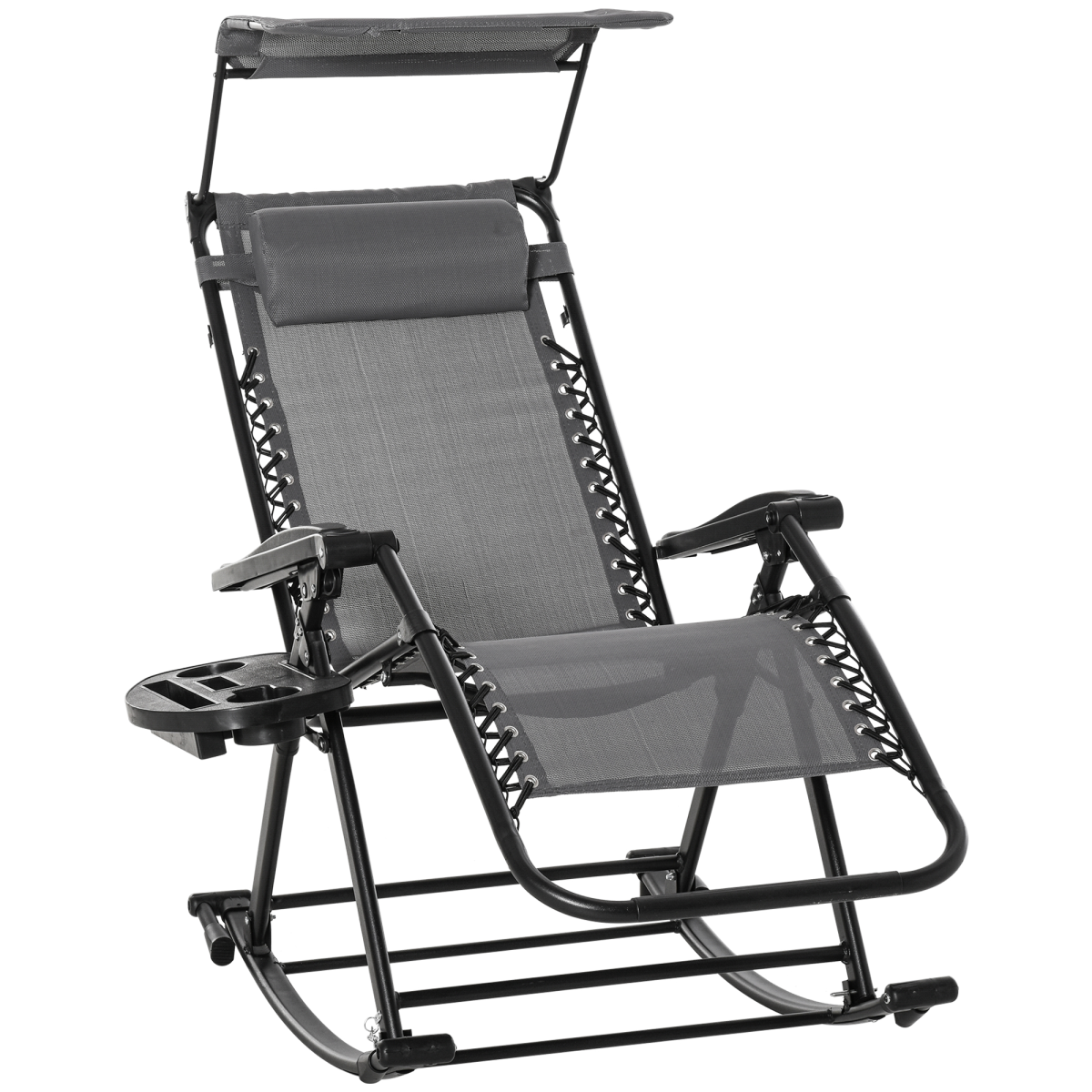 Folding Zero-Gravity Recliner Rocker with Canopy, Padded Headrest and Side Tray – Outdoor Lounge Chair, Grey