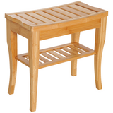 2-Tier Slatted Shower Bench with Storage Shelf – Compact Bath Seat with Round Edges and 100kg Capacity