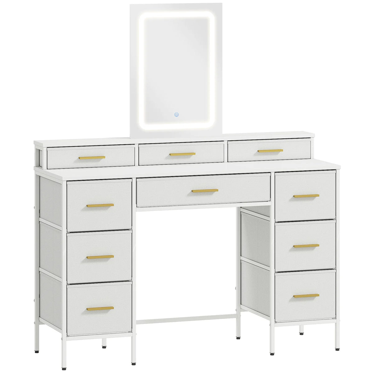 HOMCOM Dressing Table with LED Mirror and 10 Fabric Drawers – Makeup Vanity with Adjustable Lighting, White