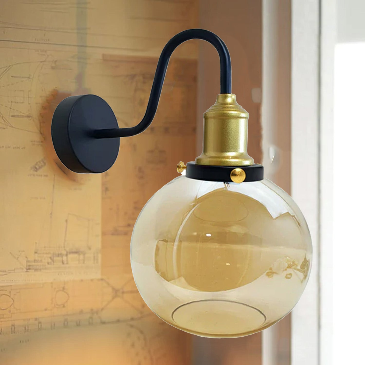 LEDSone Amber Glass Globe Wall Light with E27 Holder & Metal Back Plate – Modern Wall Sconce, Amber