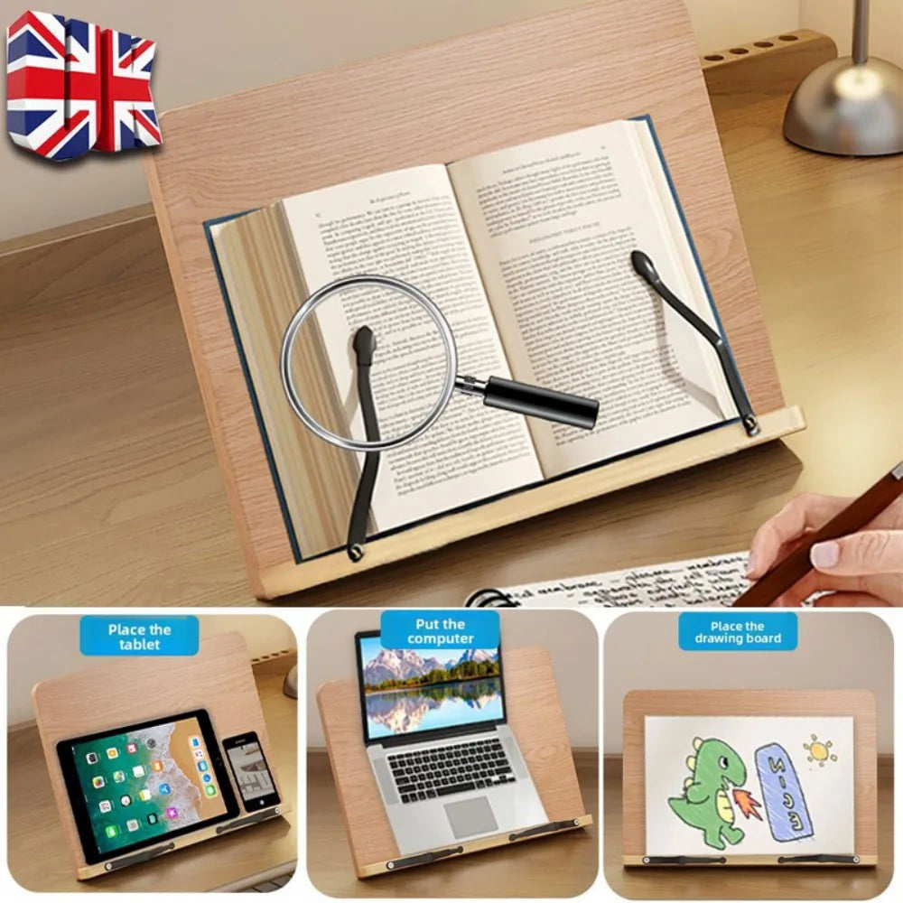 Adjustable Wooden Book Stand with Page Clips – Foldable Reading Rest for Cookbooks, Recipes & Music Scores