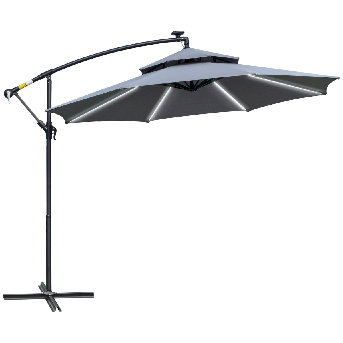 Outsunny 3m Cantilever Banana Parasol with Solar LED Lights, Crank Handle & Cross Base – Garden Shade, Grey