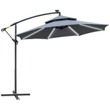 Outsunny 3m Cantilever Banana Parasol with Solar LED Lights, Crank Handle & Cross Base – Garden Shade, Grey